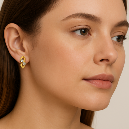 Generated image of a female model wearing the gold and diamond earrings in a smaller size