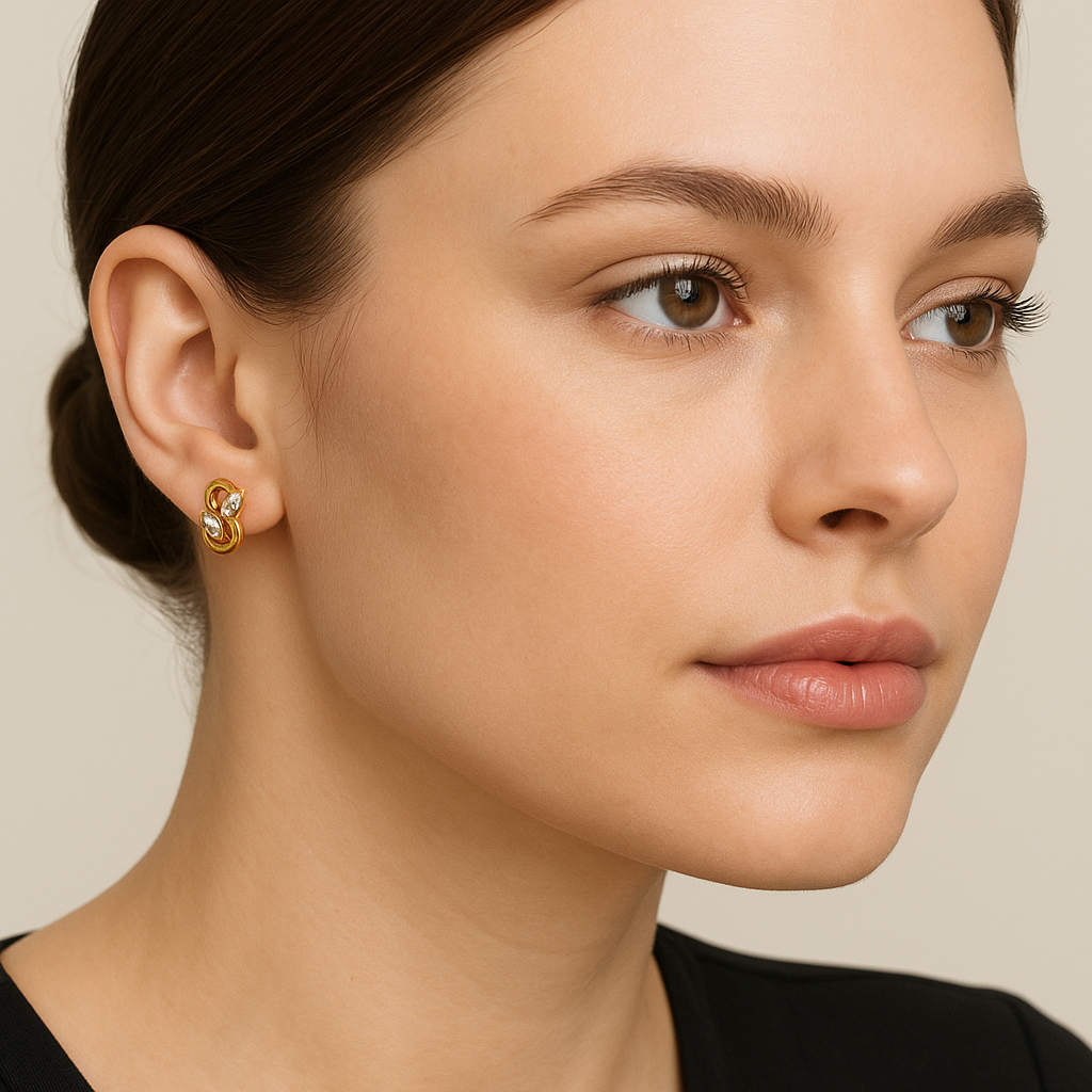 Generated image of a female model wearing the gold and diamond earrings in a smaller size