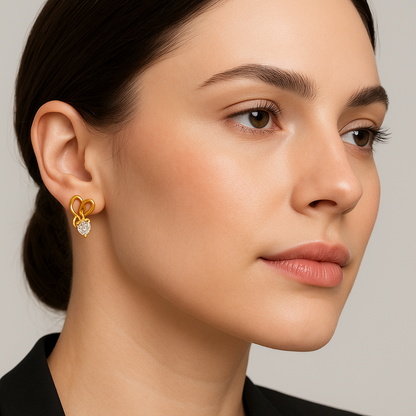 Generated image of a female model wearing the gold and diamond earrings