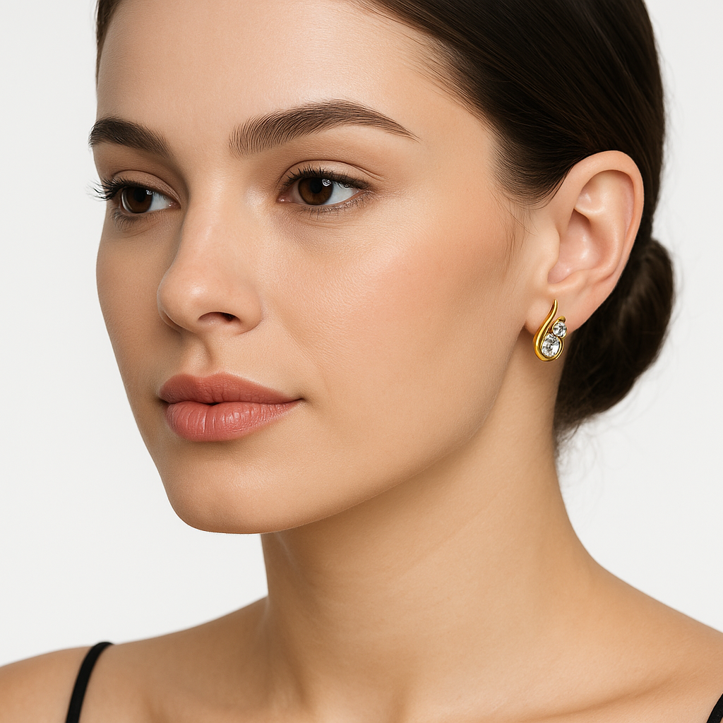 Generated image of a female model wearing the gold and diamond earrings