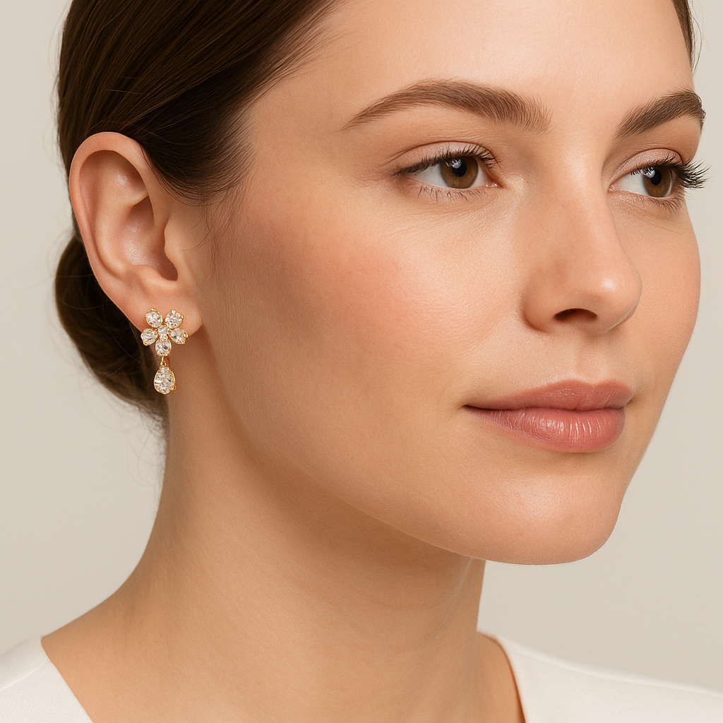 Generated image of a female model wearing the gold and diamond flower drop earrings in a smaller size