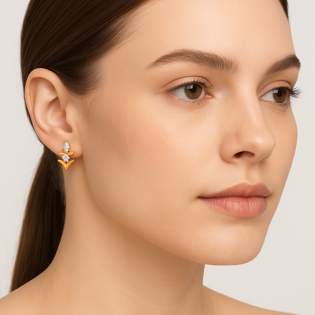 Generated image of a female model wearing the gold and diamond geometric earrings in a smaller size