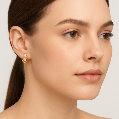 Generated image of a female model wearing the gold and diamond geometric earrings in a smaller size
