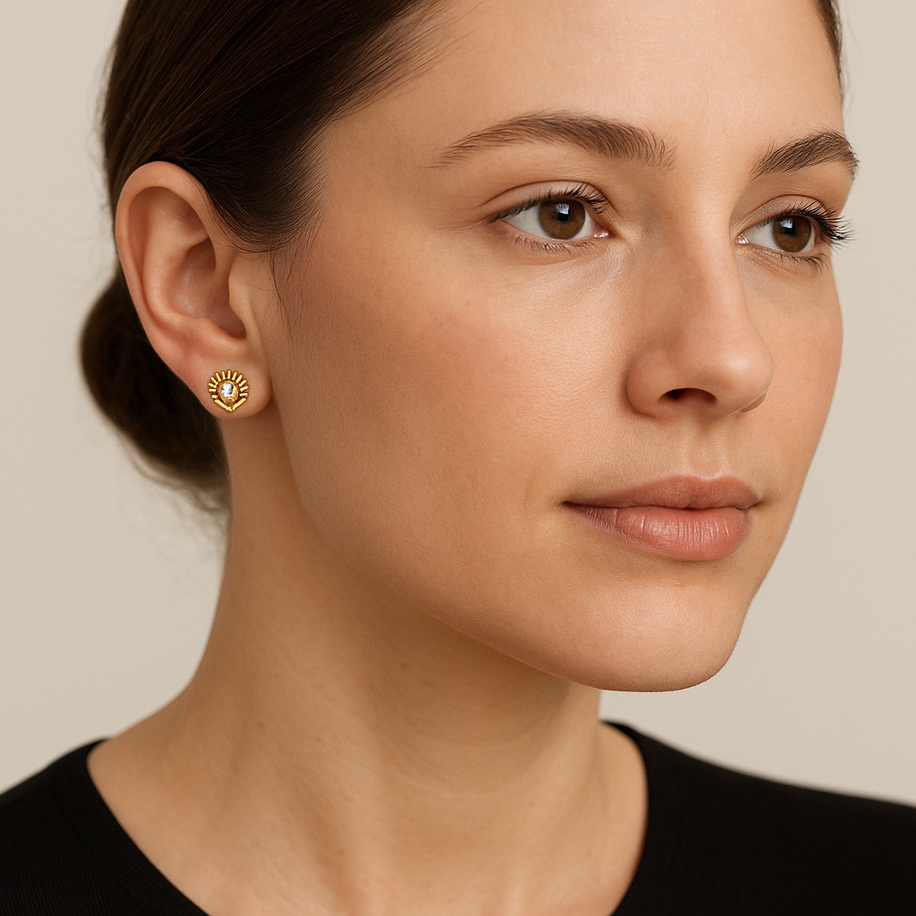 Generated image of a female model wearing the gold and diamond heart-shaped earrings in a smaller size