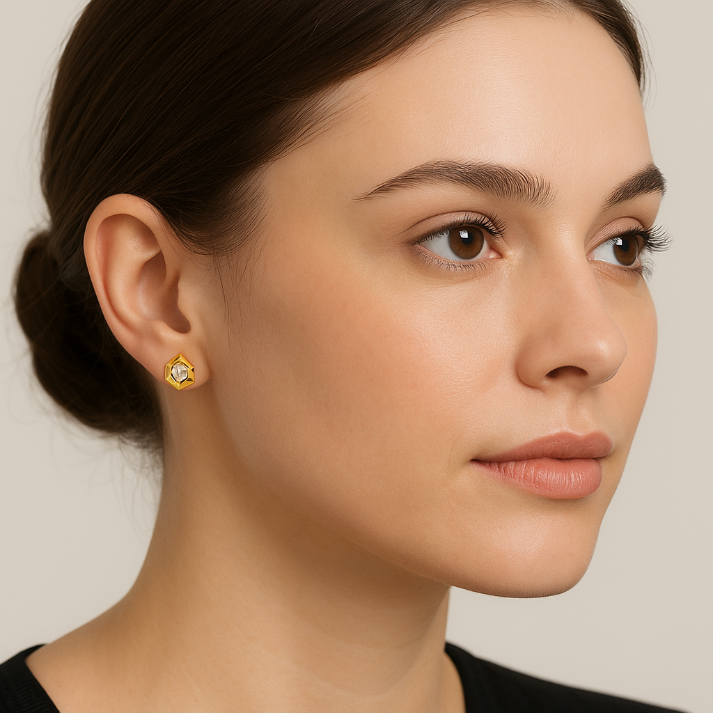 Generated image of a female model wearing the gold and diamond hexagonal earrings in a smaller size