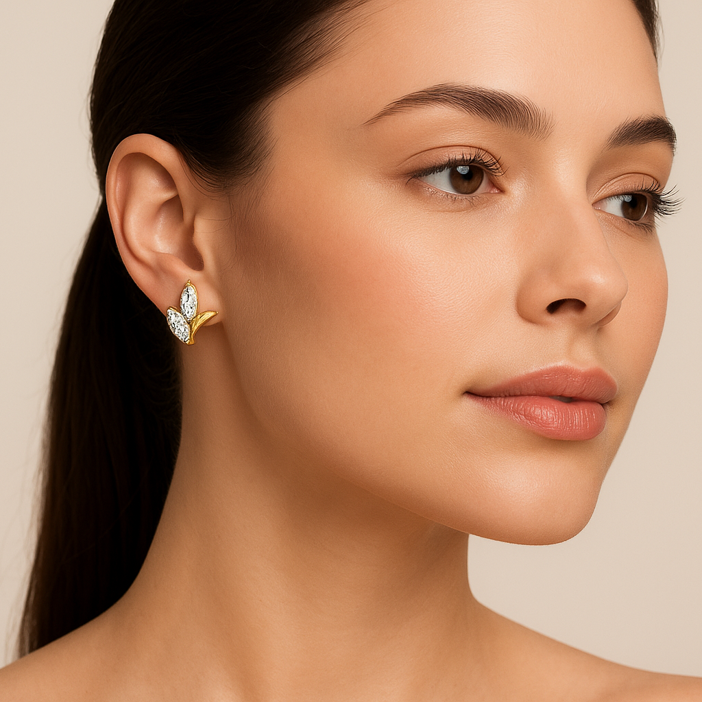 Generated image of a female model wearing the gold and diamond leaf earrings