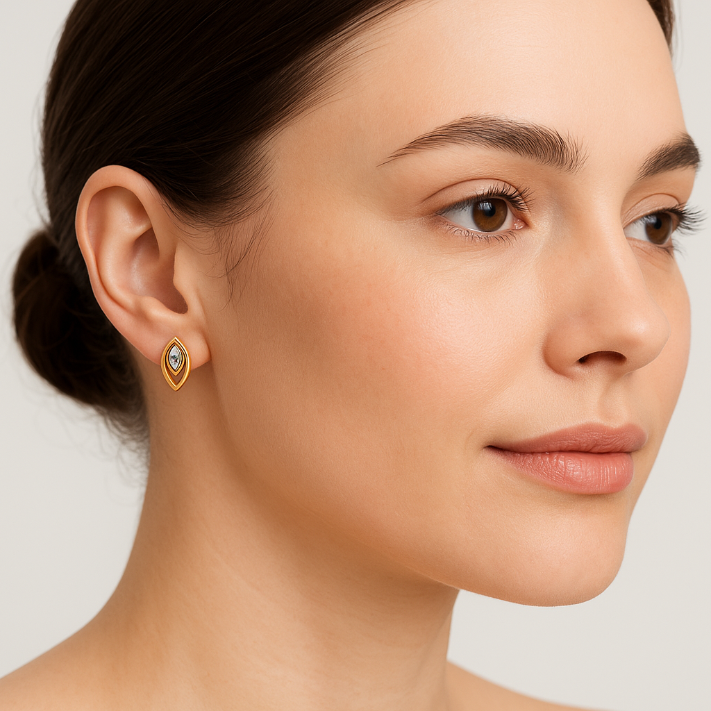 Generated image of a female model wearing the gold and diamond marquise earrings in a smaller size