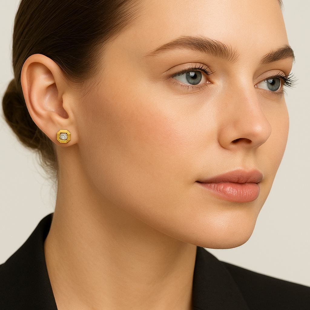 Generated image of a female model wearing the gold and diamond octagonal earrings in a smaller size
