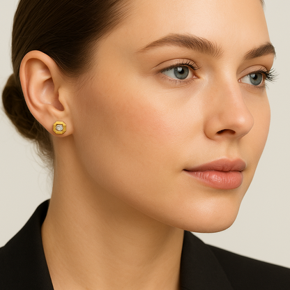Generated image of a female model wearing the gold and diamond octagonal earrings in a smaller size
