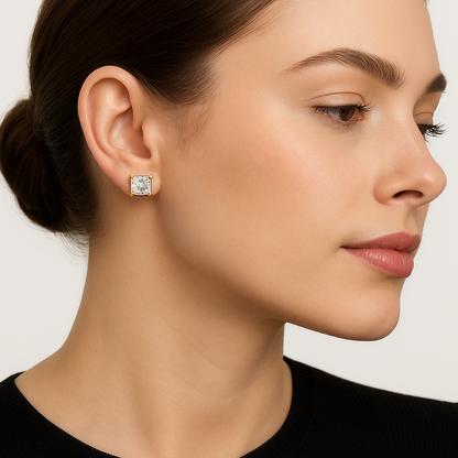 Generated image of a female model wearing the gold and diamond princess-cut stud earrings