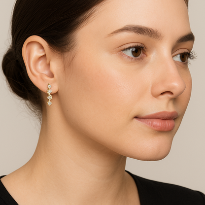 Generated image of a female model wearing the gold and diamond spiral earrings in a smaller size
