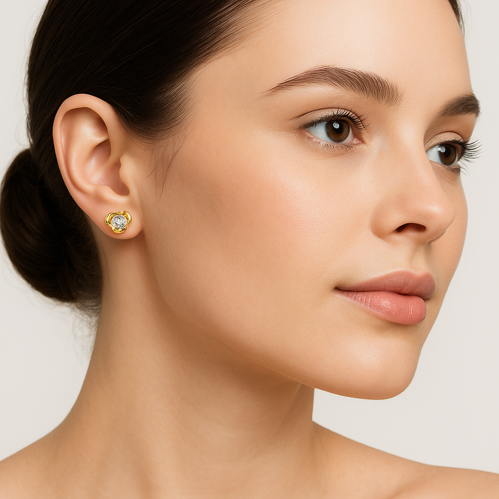 Generated image of a female model wearing the gold and diamond stud earrings