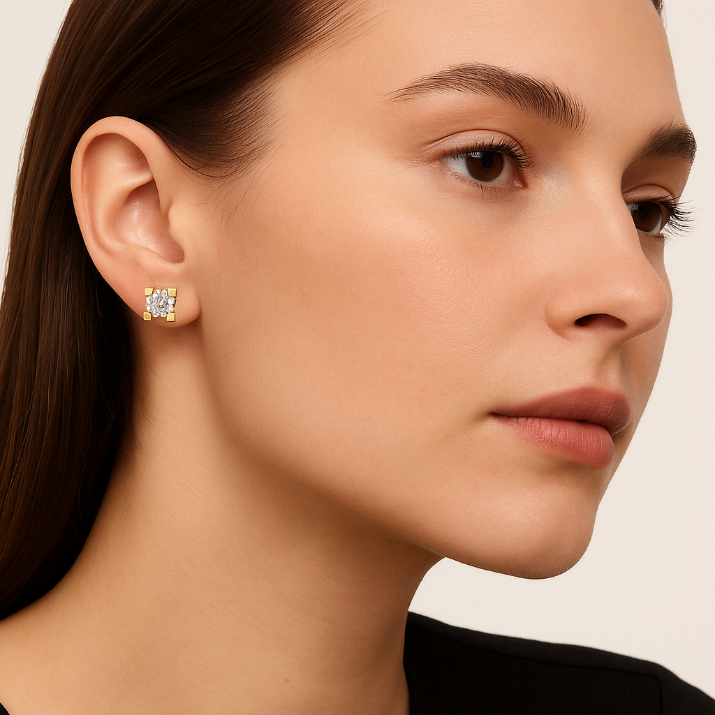 Generated image of a female model wearing the gold and diamond stud earrings