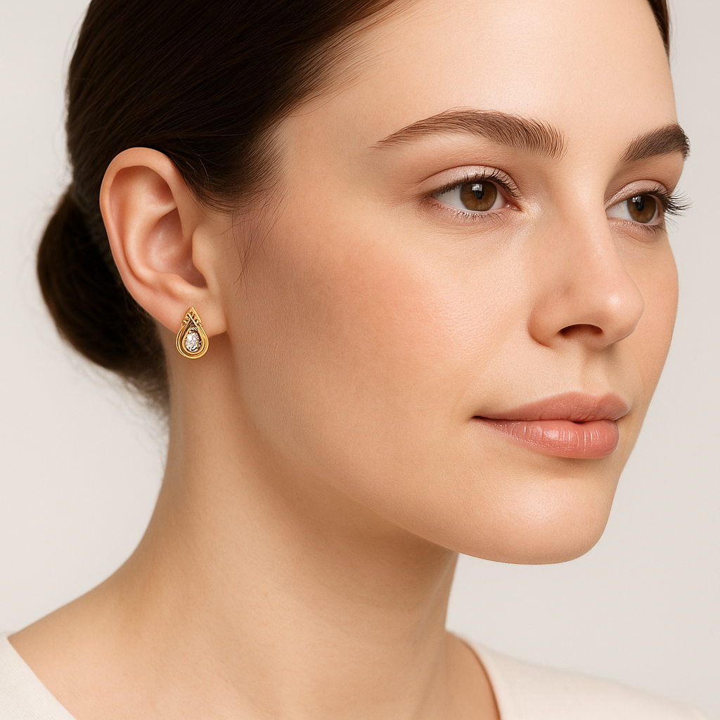Generated image of a female model wearing the gold and diamond teardrop earrings in a smaller size