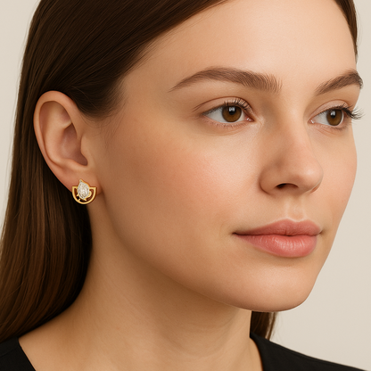 Generated image of a female model wearing the gold and diamond teardrop earrings in a smaller size