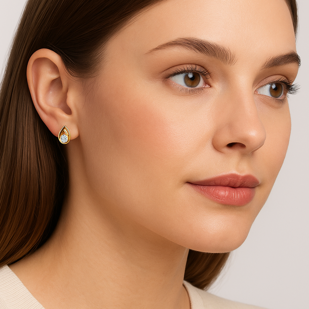 Generated image of a female model wearing the gold and diamond teardrop earrings in a smaller size