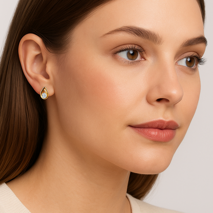 Generated image of a female model wearing the gold and diamond teardrop earrings in a smaller size