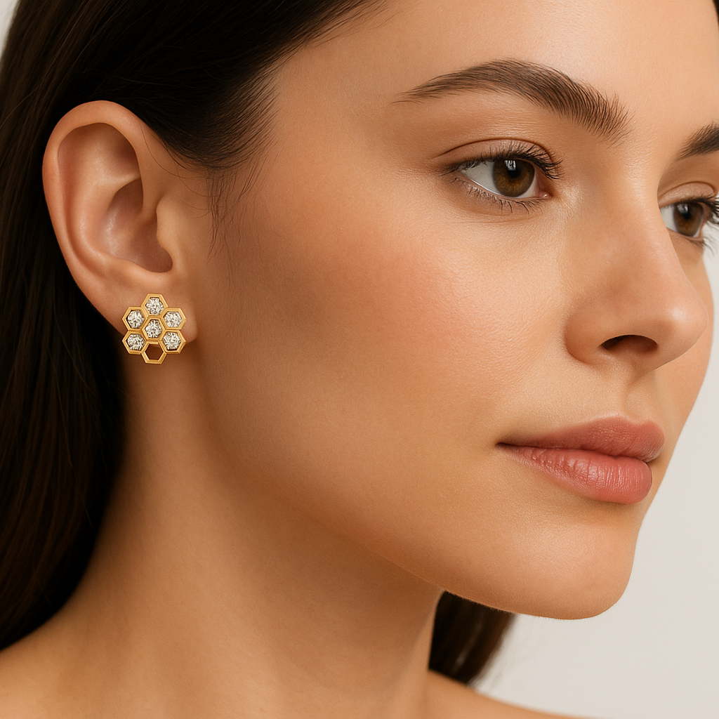 Generated image of a female model wearing the honeycomb gold and diamond earrings