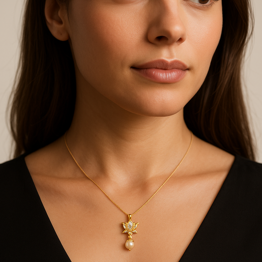 Generated image of a female model wearing the lotus flower pendant