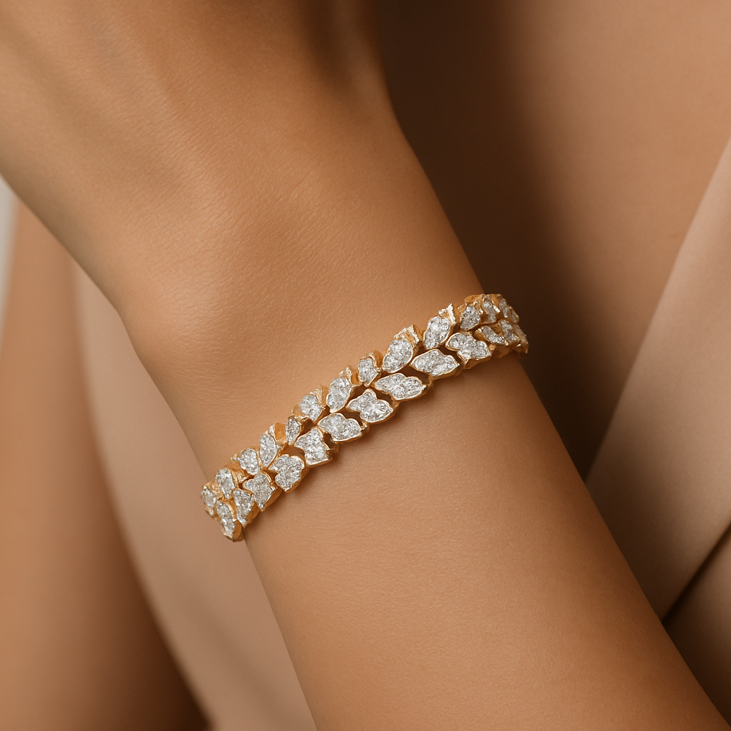 Generated image of a female model wearing the marquise diamond bracelet