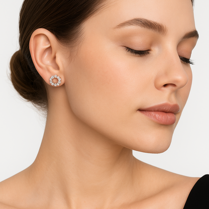 Generated image of a female model wearing the rose gold and diamond circle earrings