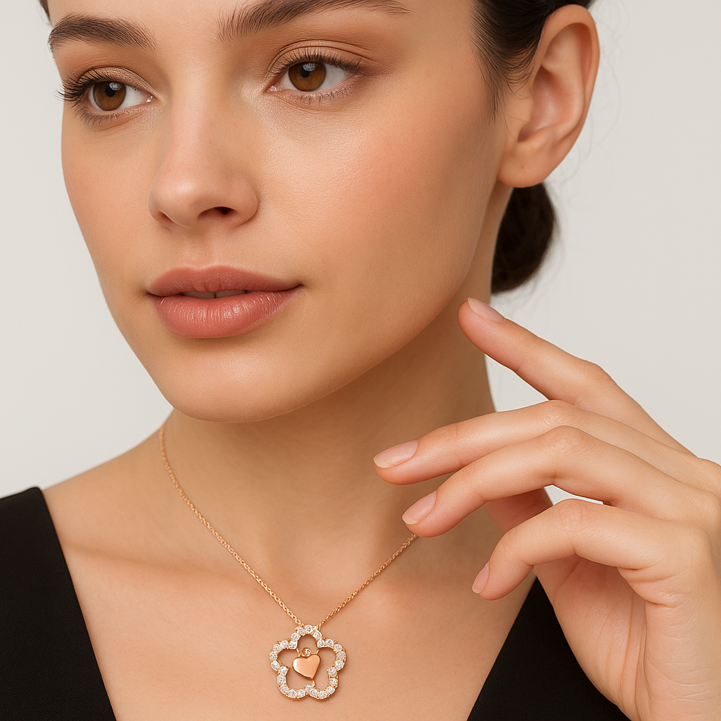 Generated image of a female model wearing the rose gold and diamond flower pendant