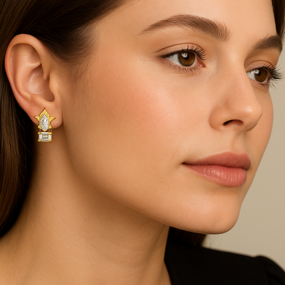 Generated image of a female model wearing the small diamond drop earrings