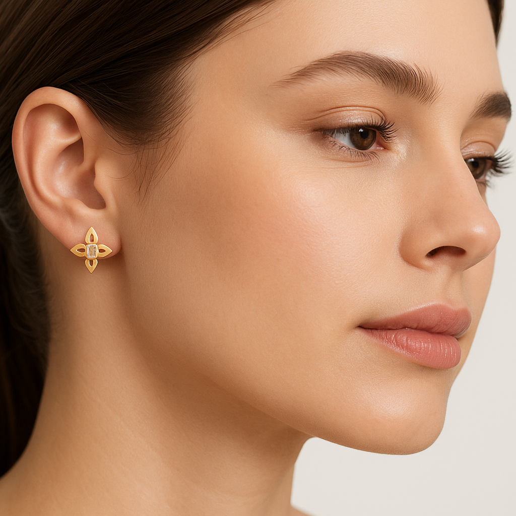 Generated image of a female model wearing the small diamond earrings