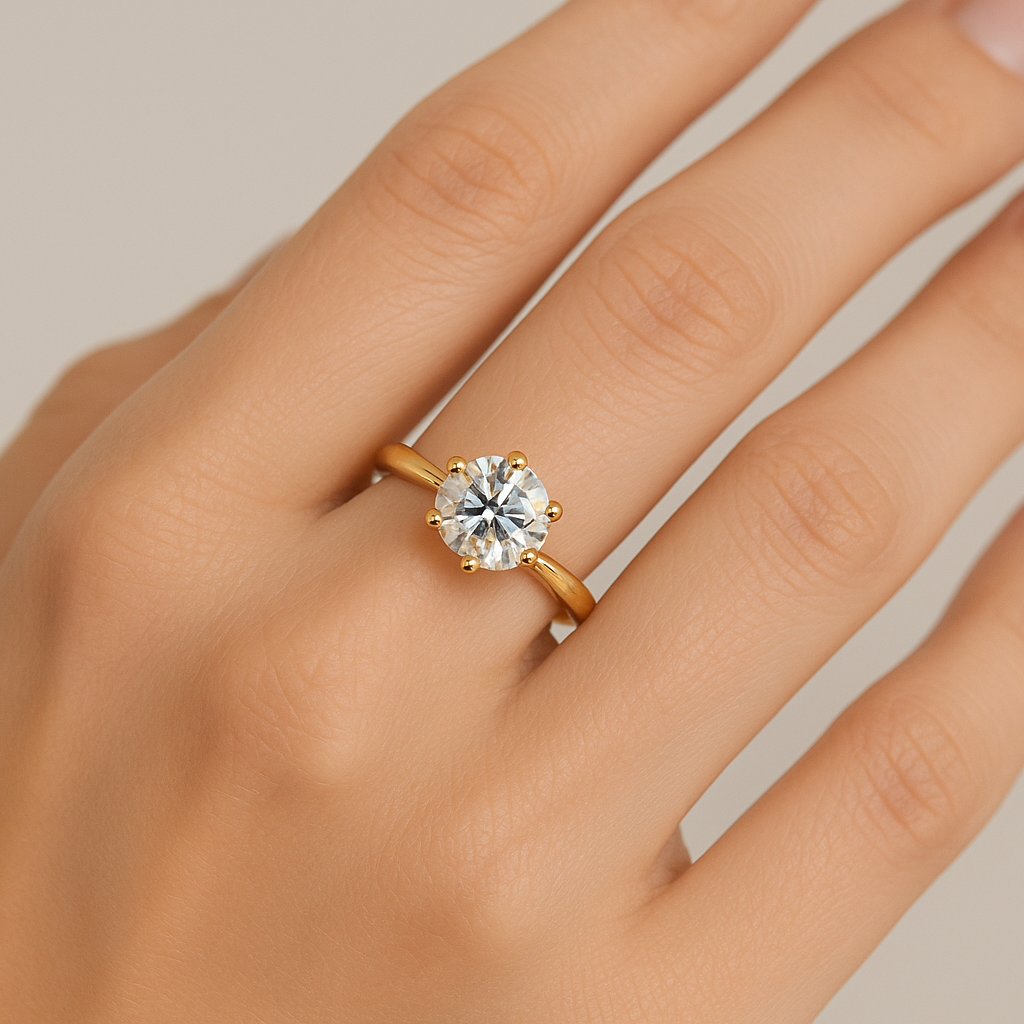 Generated image of a female model wearing the solitaire diamond engagement ring