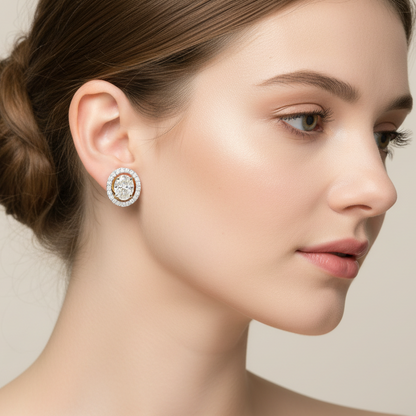 Generated image of a female model wearing the two-tone gold oval halo diamond earrings
