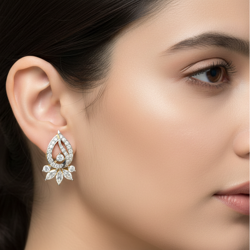 Generated image of a female model wearing the two-tone gold paisley diamond stud earrings with marquise fan