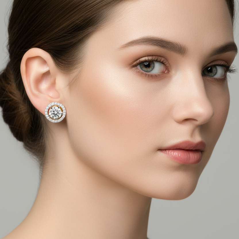 Generated image of a female model wearing the two-tone gold round halo diamond earrings