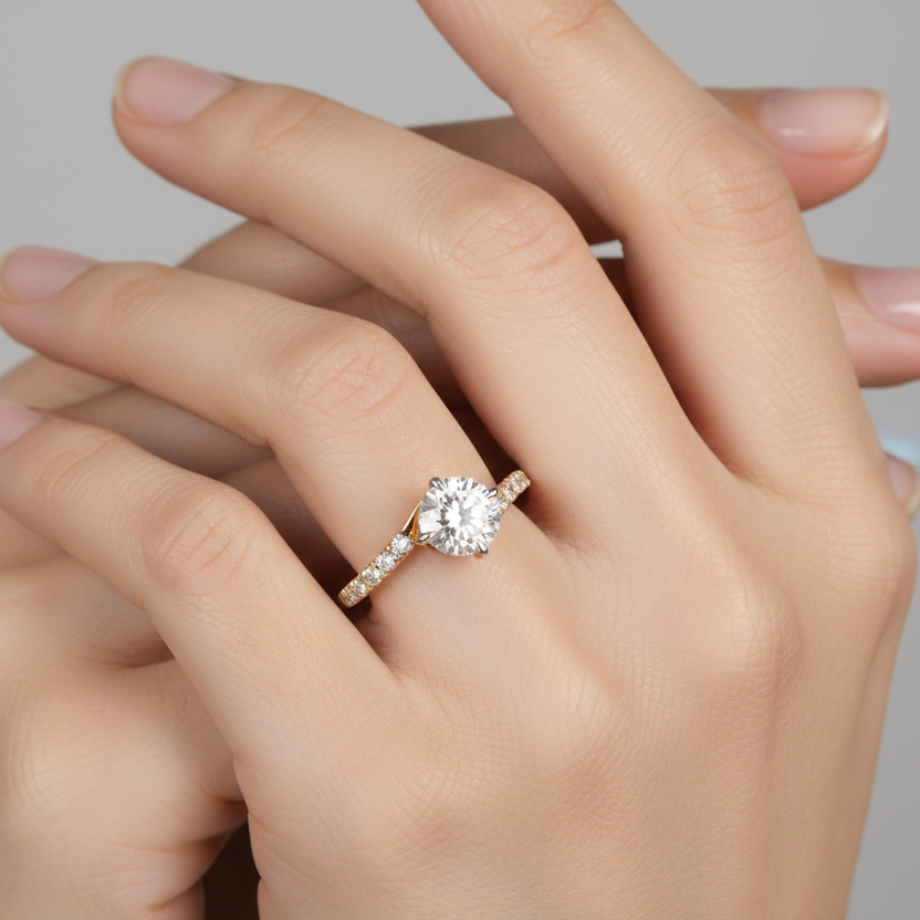 Generated image of a female model wearing the two-tone yellow and white gold four-prong solitaire engagement ring with pavé diamond band