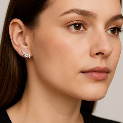 Generated image of a female model wearing the white gold and diamond ear climber earrings in a smaller size