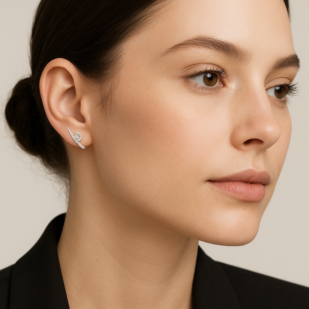Generated image of a female model wearing the white gold and diamond ear climbers in a smaller size