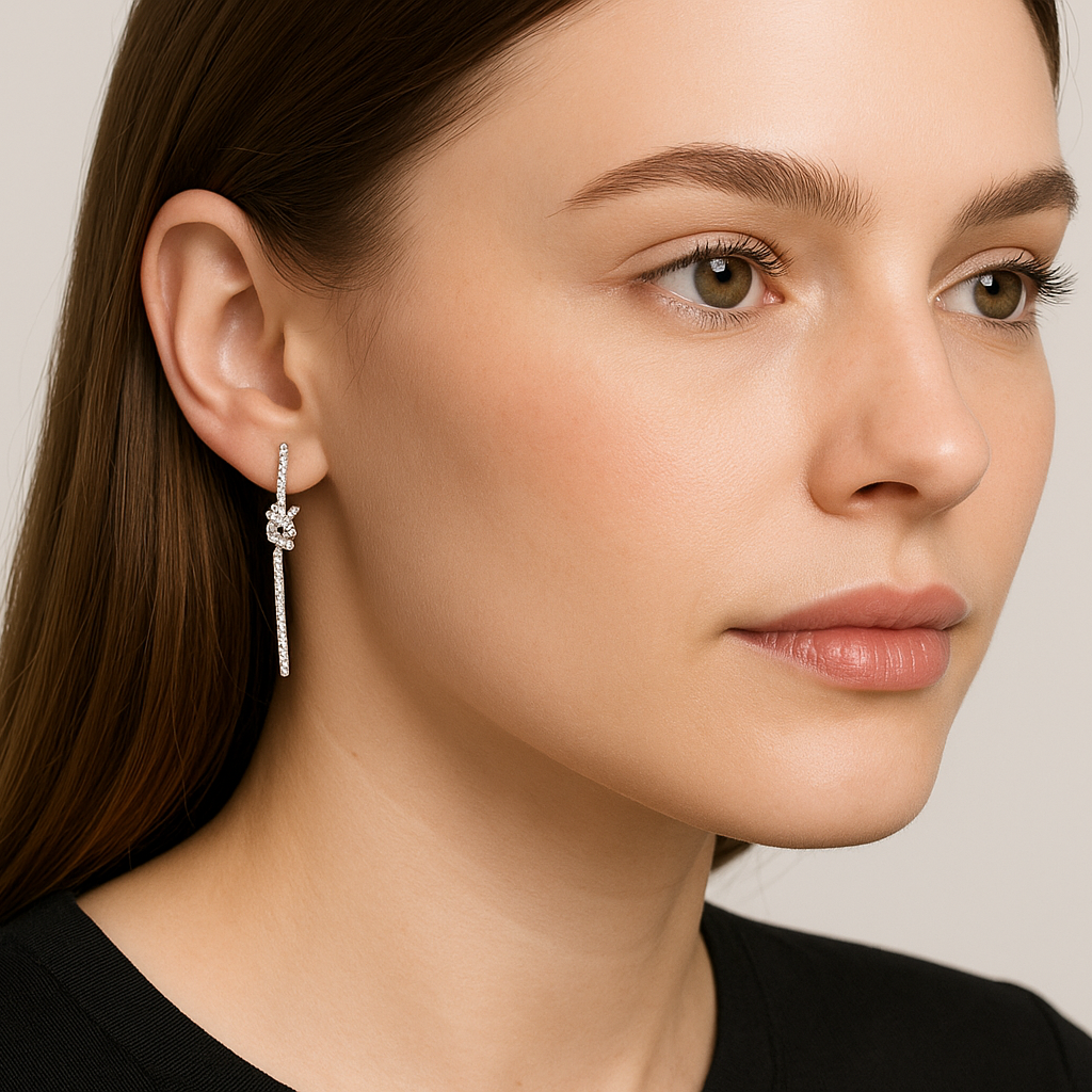 Generated image of a female model wearing the white gold and diamond statement earrings in a smaller size