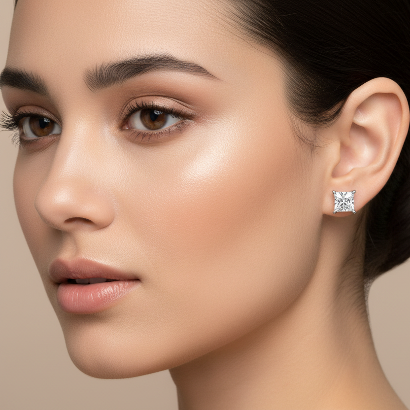 Generated image of a female model wearing the white gold princess-cut diamond solitaire stud earrings