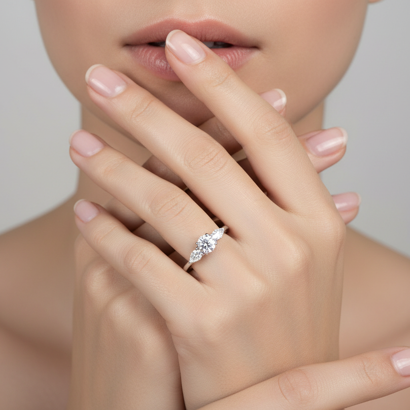 Generated image of a female model wearing the white gold three-stone diamond ring