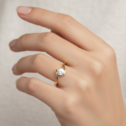 Generated image of a female model wearing the yellow gold bypass solitaire ring