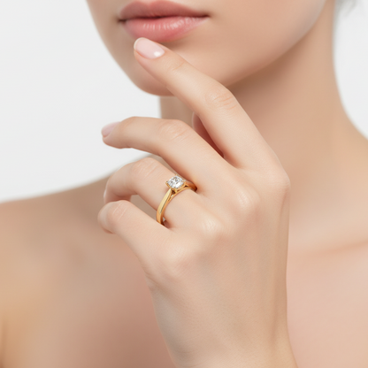 Generated image of a female model wearing the yellow gold cushion-cut solitaire engagement ring