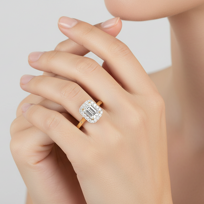 Generated image of a female model wearing the yellow gold emerald-cut halo engagement ring