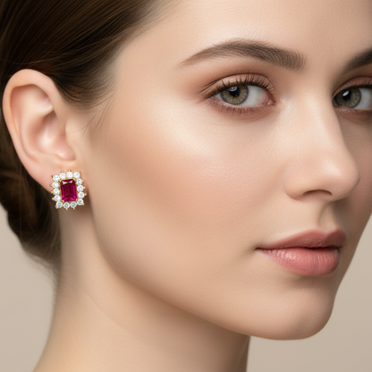 Generated image of a female model wearing the yellow gold emerald-cut ruby and diamond halo stud earrings