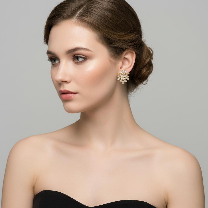 Generated image of a female model wearing the yellow gold floral bouquet diamond stud earrings