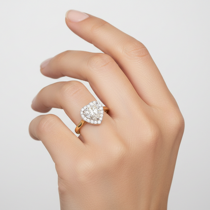 Generated image of a female model wearing the yellow gold heart-shaped halo engagement ring