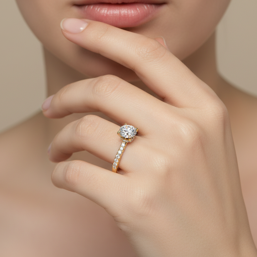 Generated image of a female model wearing the yellow gold hidden halo engagement ring with pavé band and star engravings
