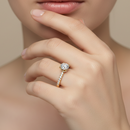 Generated image of a female model wearing the yellow gold hidden halo engagement ring with pavé band and star engravings