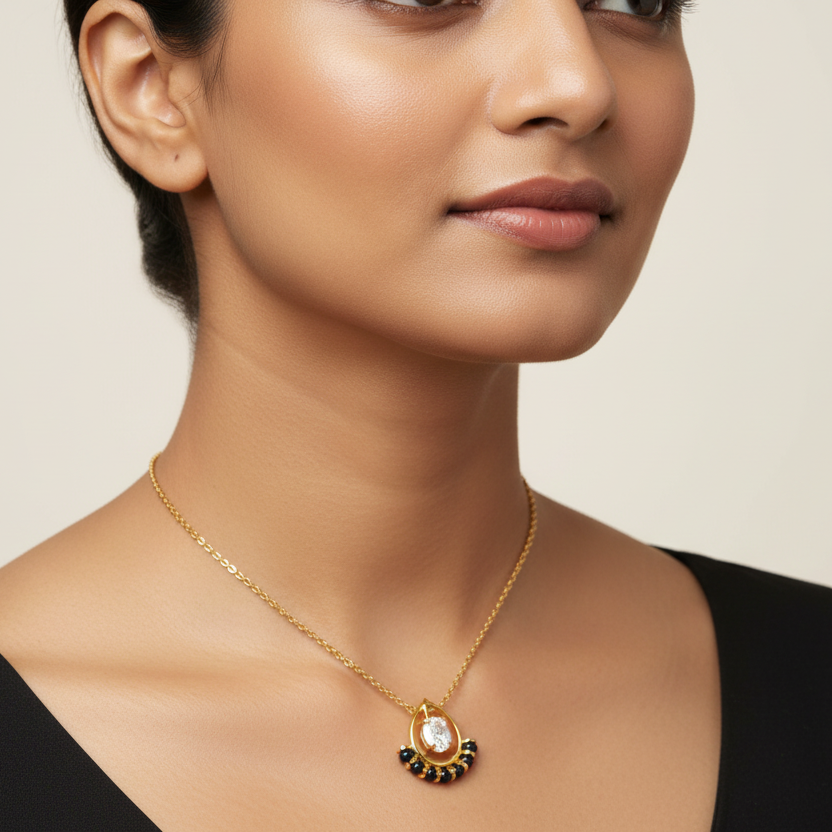 Generated image of a female model wearing the yellow gold mangalsutra pendant