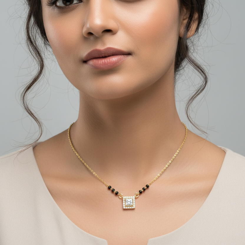 Generated image of a female model wearing the yellow gold mangalsutra with princess-cut diamond pendant