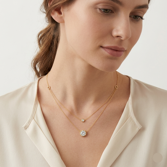 Woman wearing a delicate gold necklace with a small pendant on a neutral background