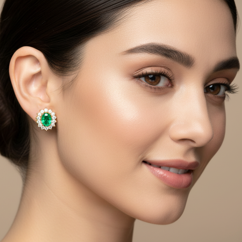 Generated image of a female model wearing the yellow gold oval emerald and diamond halo cluster stud earrings